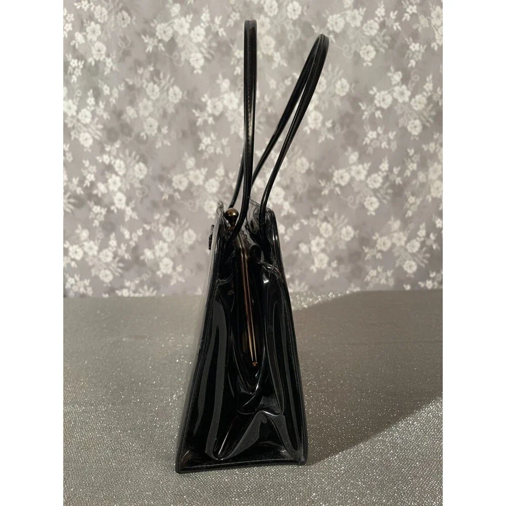 Vintage 60s Black Patent Purse 1960s Retro Mod Chic Pinup Little Black Handbag